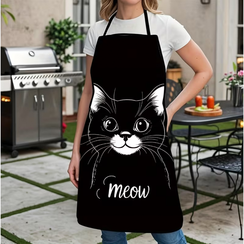 Home Cooking For Cats - Cute Black Cat Print Apron, 1-Piece,