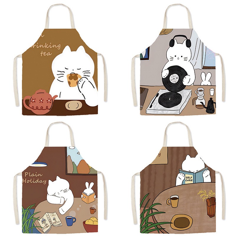 Home Cooking For Cats - Cute White Cat Printed Apron Cozy