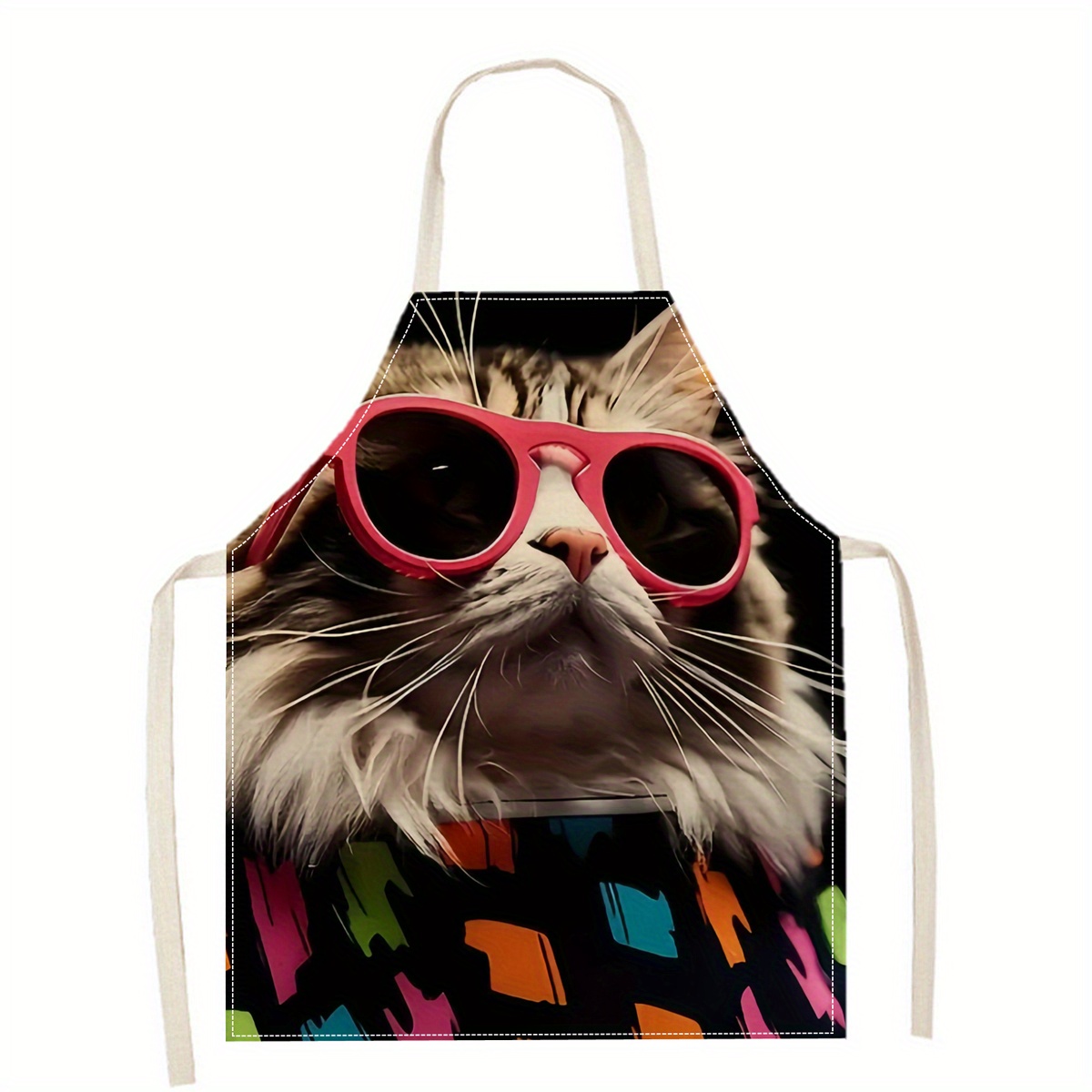 Home Cooking For Cats - Linen Apron Funny Cat Sunglasses Print